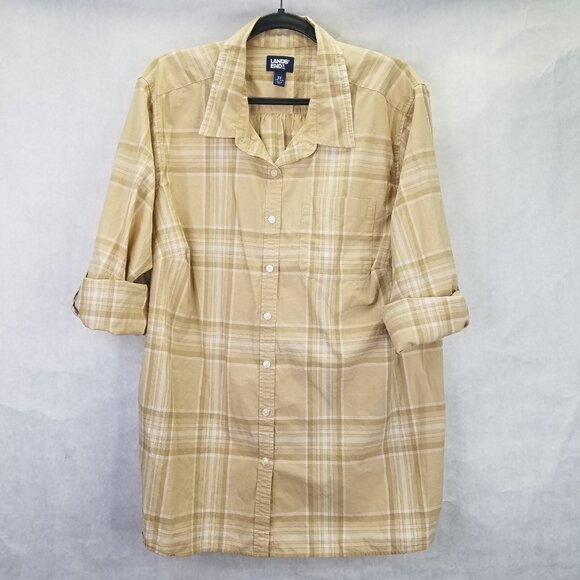 Lands End Button Up Shirt Women 2X 20-22 Brown Plaid Cotton Long Sleeve Tab Camp - Picture 2 of 14